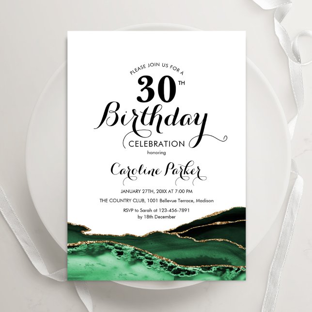 Emerald Green White Gold Agate 30th Birthday Invitation (Creator Uploaded)