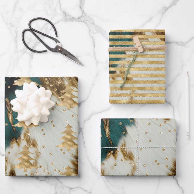 Emerald Green White Gold Christmas Tree  Wrapping Paper Sheet (Front)