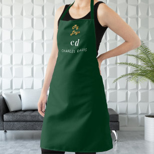 Emerald green white monogram name business logo apron
