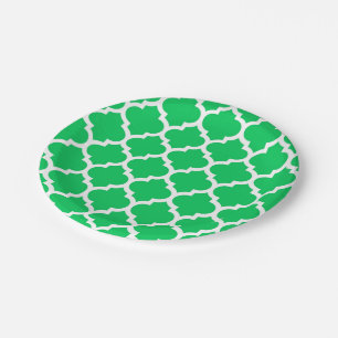 Emerald Green White Moroccan Quatrefoil Pattern #5 Paper Plate