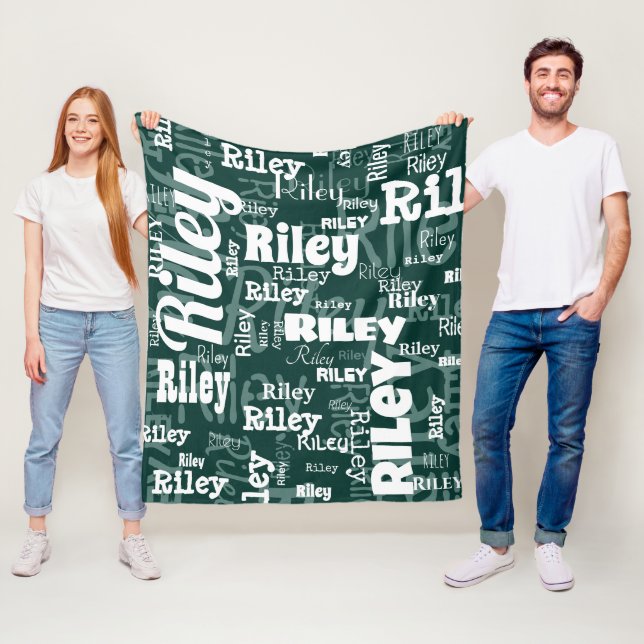 Emerald Green White Personalized Name Pattern  Fleece Blanket (In Situ)