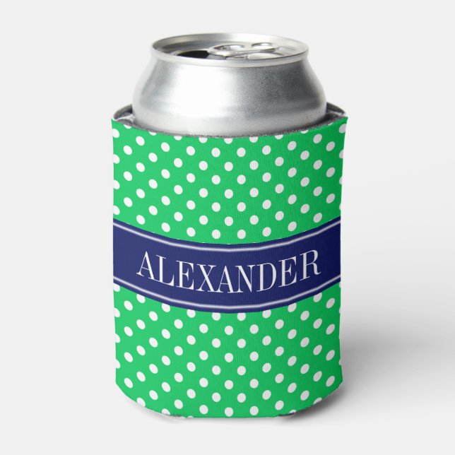 Emerald Green White Polka Dots Navy Name Monogram Can Cooler (Can Front)