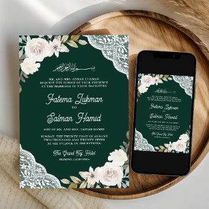 Emerald Green White Roses Lace Muslim Wedding Invitation