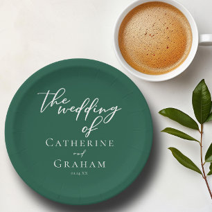 Emerald Green White Script Personalized Wedding Paper Plate