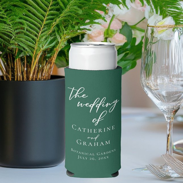 Emerald Green White Script Personalized Wedding Seltzer Can Cooler (Creator Uploaded)