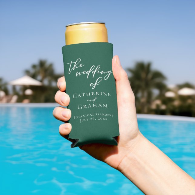 Emerald Green White Script Personalized Wedding Seltzer Can Cooler (In Situ Pool)