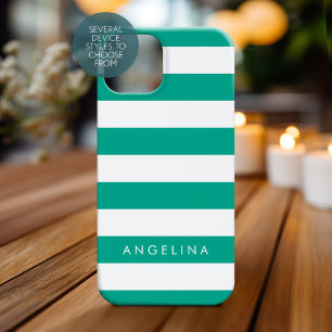 Emerald Green & White Striped Pattern Custom Name Case-Mate iPhone 14 Pro Max Case