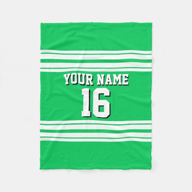 Emerald Green White Team Jersey Custom Number Name Fleece Blanket (Front)