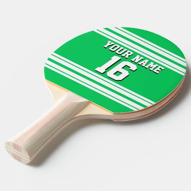 Emerald Green White Team Jersey Custom Number Name Ping Pong Paddle (Front Angle)
