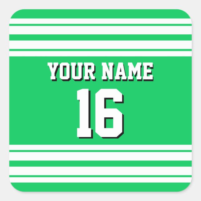 Emerald Green White Team Jersey Custom Number Name Square Sticker (Front)