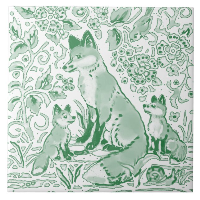 Emerald Green White Woodland Cute Fox Intricate Tile (Front)