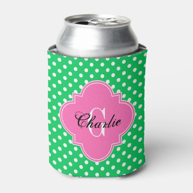 Emerald Green Wht Dots Hot Pink Quat Name Initial Can Cooler (Can Front)