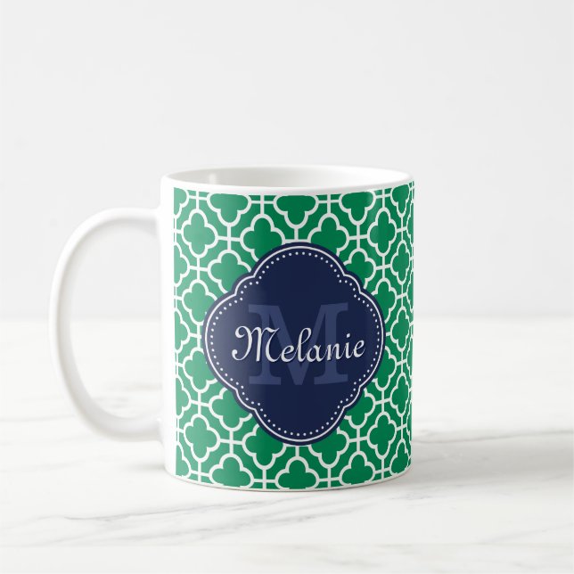 Emerald Green Wht Moroccan Pattern Navy Monogram Coffee Mug (Left)