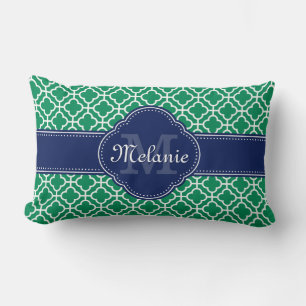 Emerald Green Wht Moroccan Pattern Navy Monogram Lumbar Pillow