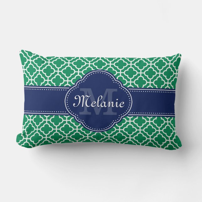 Emerald Green Wht Moroccan Pattern Navy Monogram Lumbar Pillow (Front)