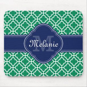 Emerald Green Wht Moroccan Pattern Navy Monogram Mouse Pad