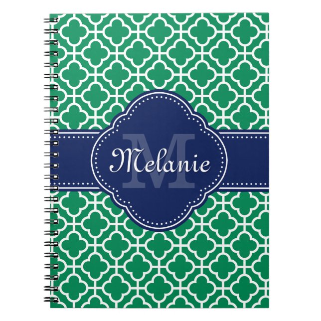 Emerald Green Wht Moroccan Pattern Navy Monogram Notebook (Front)