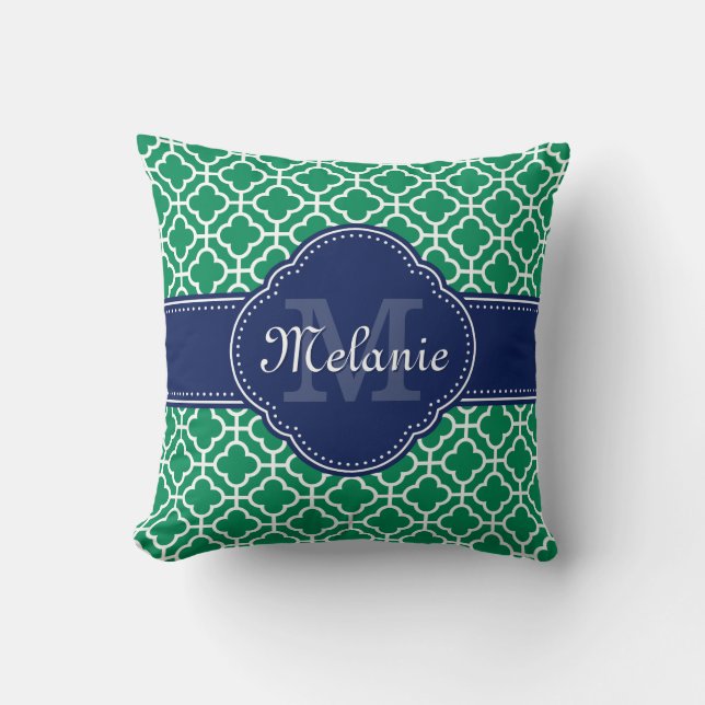 Emerald Green Wht Moroccan Pattern Navy Monogram Throw Pillow (Front)
