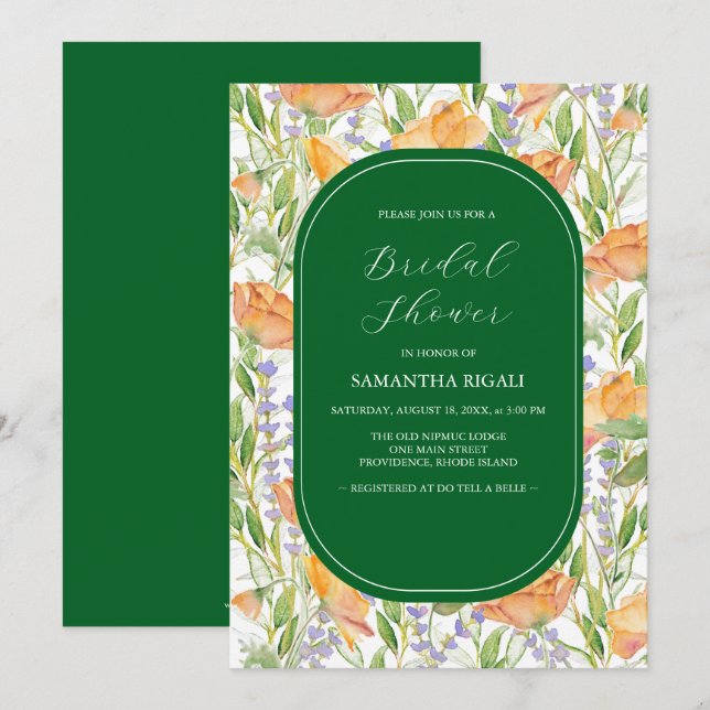 Emerald Green & Wildflowers Bridal Shower Invites (Front/Back)