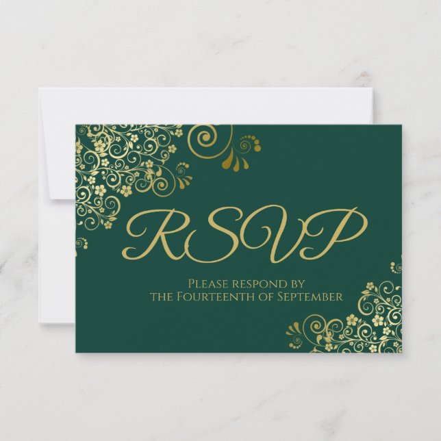 Emerald Green with Elegant Gold Lace Wedding RSVP Card (Front)