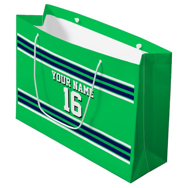 Emerald Green with Navy White Stripes Team Jersey Large Gift Bag (Front Angled)