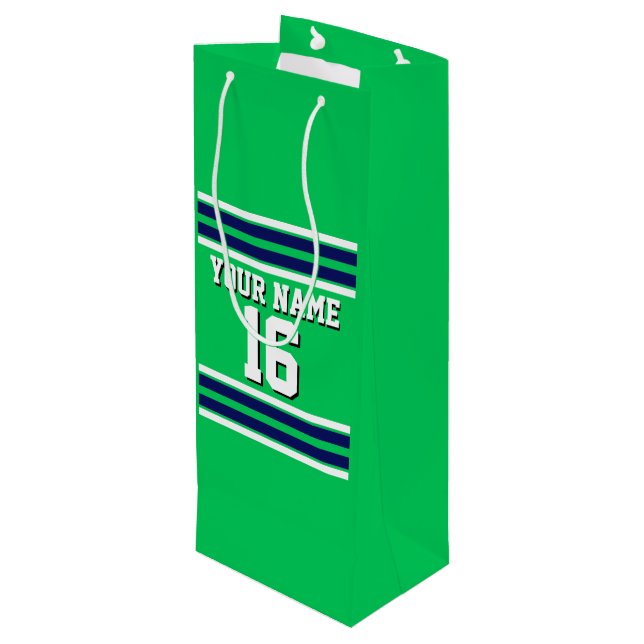 Emerald Green with Navy White Stripes Team Jersey Wine Gift Bag (Back Angled)