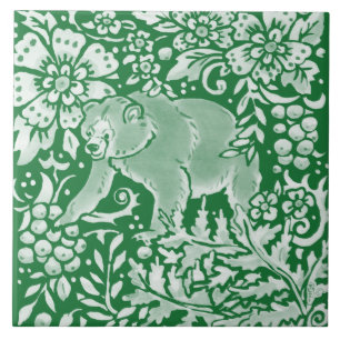 Emerald Green Woodland Bear  Intricate Floral  Tile