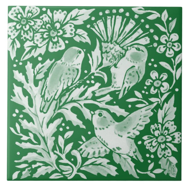 Emerald Green Woodland Bird Intricate Floral Art Tile (Front)
