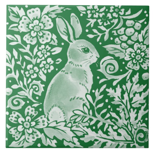 Emerald Green Woodland Bunny Rabbit Intricate Tile (Front)