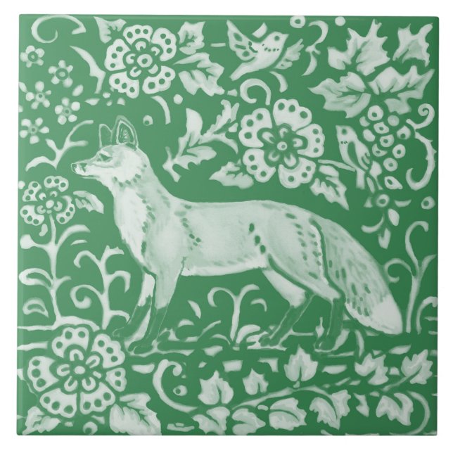 Emerald Green Woodland Cute Fox Intricate Floral   Tile (Front)