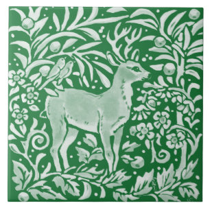 Emerald Green Woodland Deer Birds Intricate Floral Tile