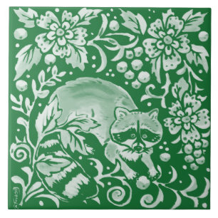 Emerald Green Woodland Raccoon Intricate Floral  Tile