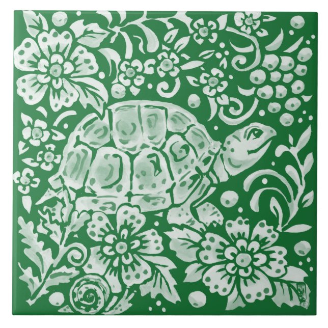 Emerald Green Woodland Turtle Intricate Floral Tile (Front)