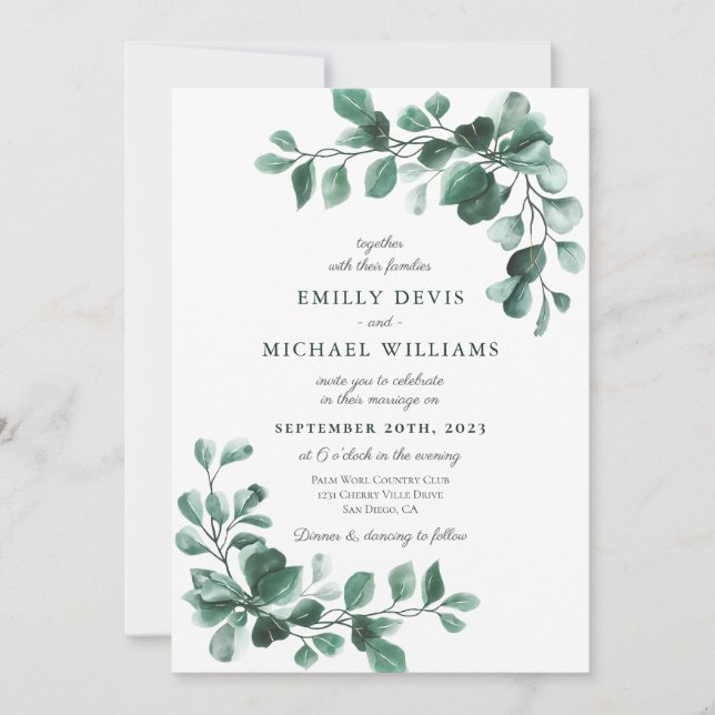 Emerald Greenery All In One Wedding Invitation (Front)