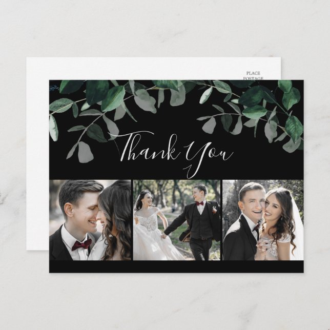 Emerald Greenery Black 3 Photo Thank You Postcard (Front/Back)