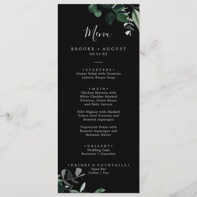 Emerald Greenery | Black Wedding Dinner Menu (Front)