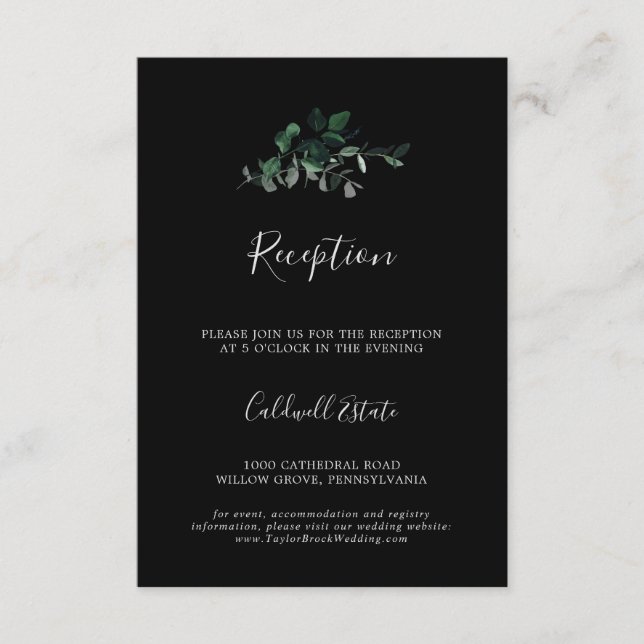 Emerald Greenery | Black Wedding Reception Enclosure Card (Front)