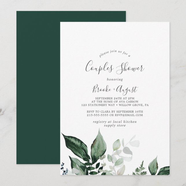 Emerald Greenery Couples Shower Invitation (Front/Back)
