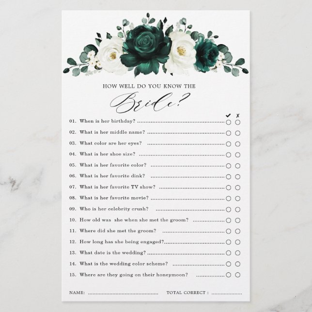 Emerald Greenery Eucalyptus Bridal Shower Game     (Front)