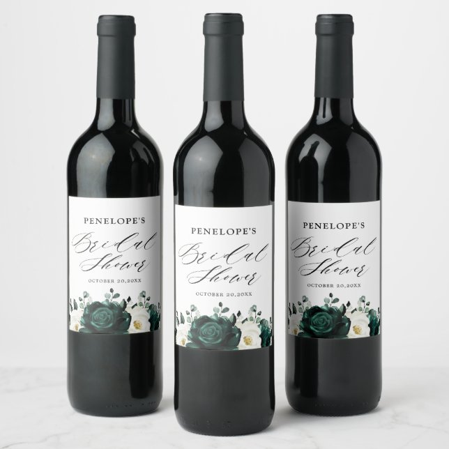 Emerald Greenery Eucalyptus Floral Bridal Shower Wine Label (Bottles)