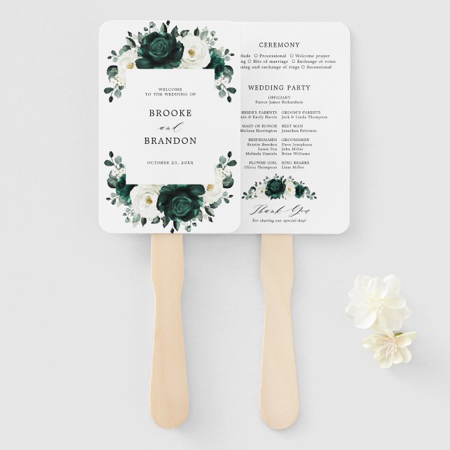 Emerald Greenery Eucalyptus Floral Wedding Program Hand Fan (Front and Back)