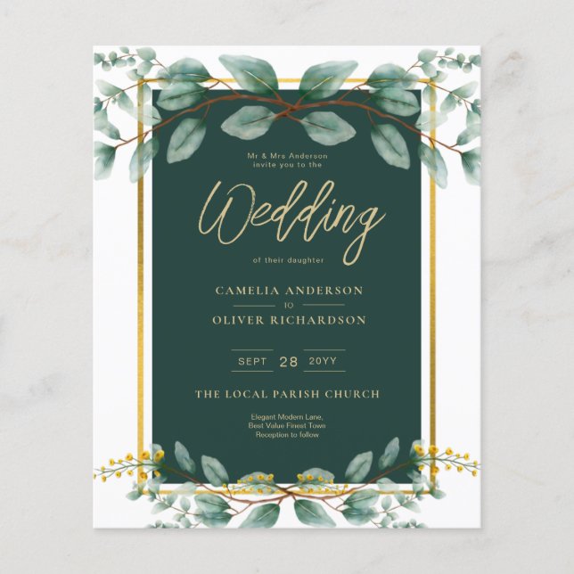 Emerald Greenery Eucalyptus Gold Floral White Flyer (Front)