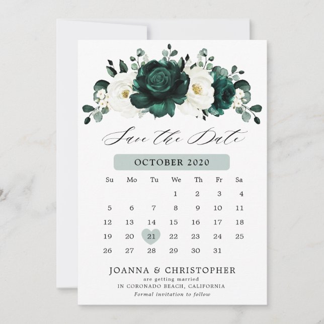Emerald Greenery Eucalyptus White Floral Calendar Save The Date (Front)