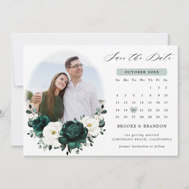 Emerald Greenery Eucalyptus White Floral Calendar Save The Date (Front)