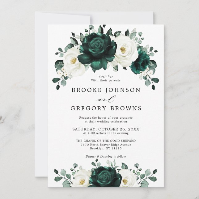 Emerald Greenery Eucalyptus White Floral Wedding I Invitation (Front)