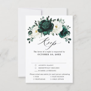 Emerald Greenery Eucalyptus White Floral Wedding RSVP Card