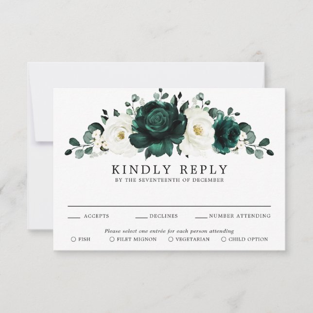 Emerald Greenery Eucalyptus White Floral Wedding RSVP Card (Front)