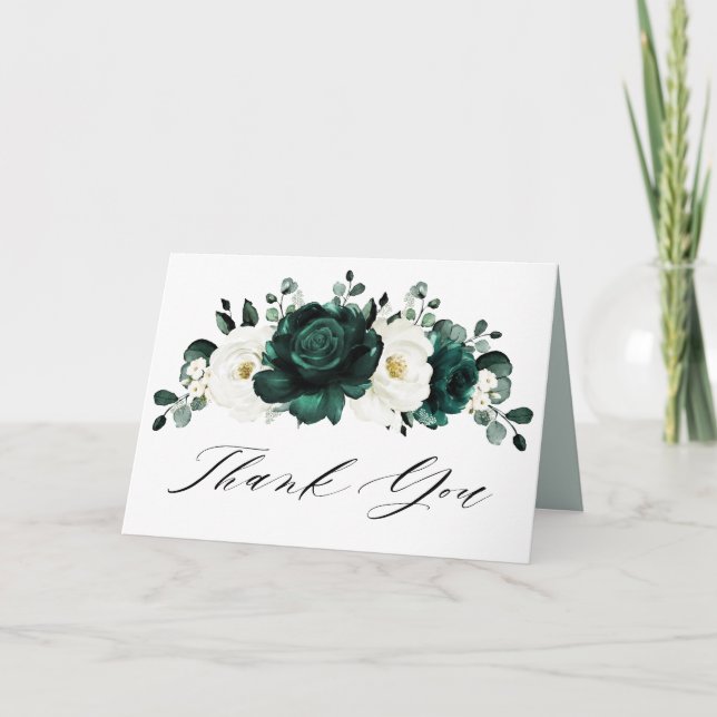Emerald Greenery Eucalyptus White Floral Wedding Thank You Card (Front)