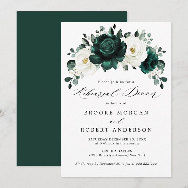 Emerald Greenery Eucalyptus White Rehearsal Dinner Invitation (Front/Back)