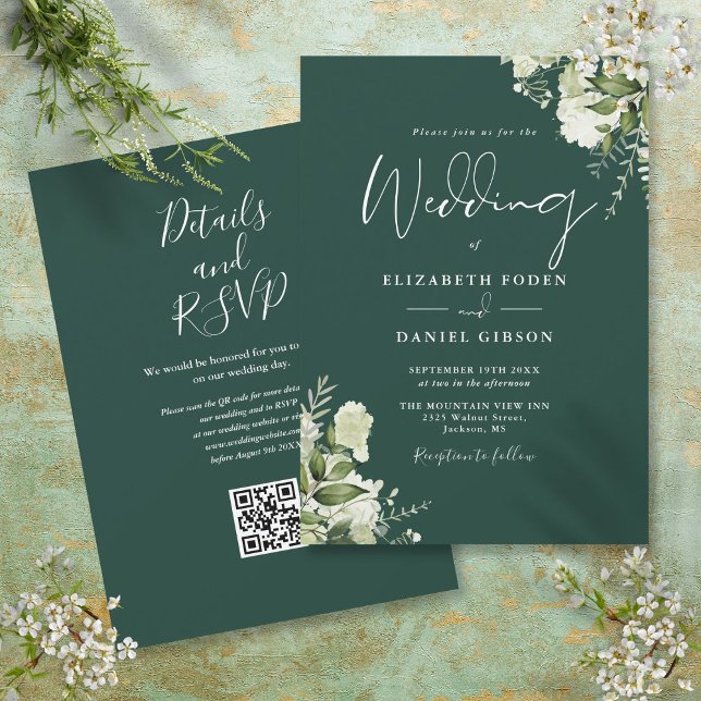 Emerald Greenery Floral QR Code Wedding Invitation (Emerald Greenery Floral QR Code Wedding Invitation)